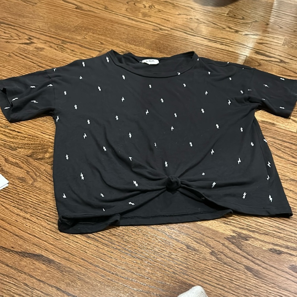 Black LNA shirt sleeve top with white lightening bolts all over XS